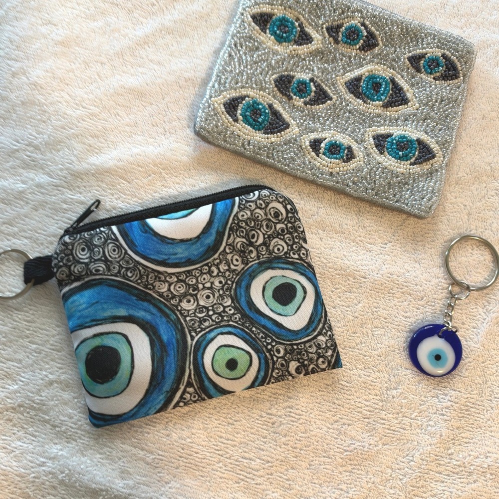 Evil Eye "Nazar" Accessory Bundle-Beaded & Canvas Coin Purses +Glass Keychain